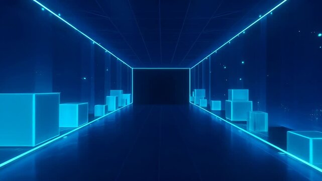 Neon corridor with glowing blue cube corridor floor reflective immersive futuristic glowing blue sparkles creating symmetrical perspective ambient mood digital atmosphere moody lighting evoking