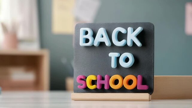 A sign shows the words back to school in bright letters. The classroom has supplies and a calm atmosphere. Students get ready for the new school year