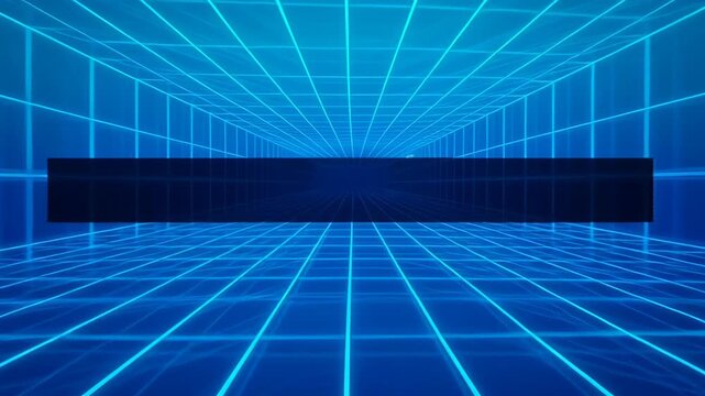 Neon grid tunnel with glowing blue perspective lines and central light burst creating futuristic energetic atmosphere, futuristic grid room blue neon perspective digital corridor glowing floor