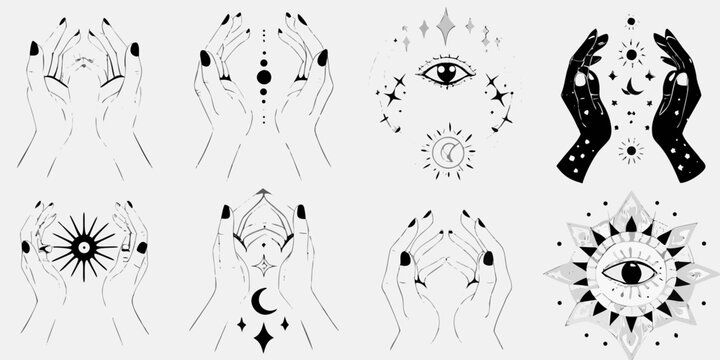 Mystical hands and celestial symbols in a minimalist illustrative style