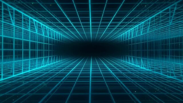 Neon grid tunnel cyan with glowing perspective lines creating futuristic digital corridor conveying motion and depth. receding into dark void with glowing cyan lines and dramatic atmosphere