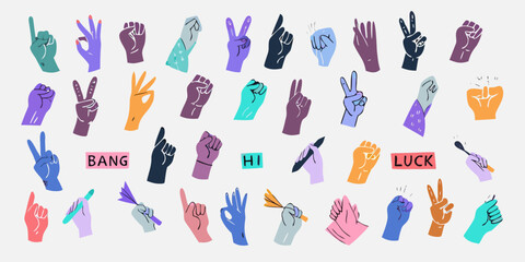 Diverse collection of illustrated hands making various gestures and signs © Ankan