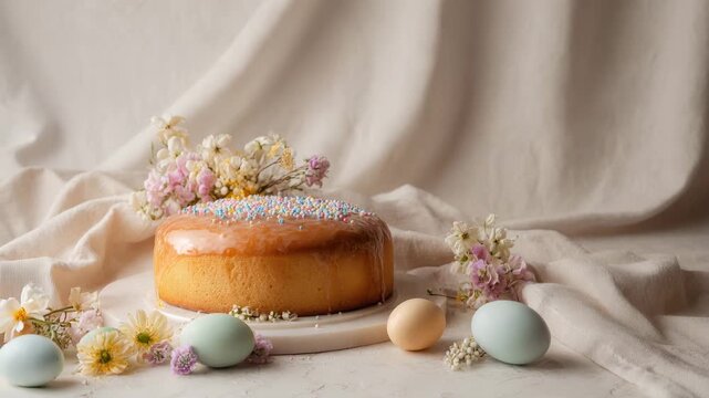 Golden easter cake with dried flowers and pastel eggs on soft beige linen fabric, elegant spring celebration concept
