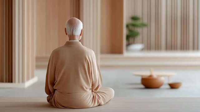 An elderly man sits quietly in a minimalist room. He focuses on his thoughts while surrounded by simple furniture and natural elements. The setting has soft lighting and clean lines