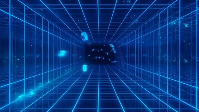 Neon grid tunnel blue wireframe corridor digital perspective futuristic glowing neon blue grid tunnel corridor with reflective floor and glowing perspective lines creating futuristic depth and moody