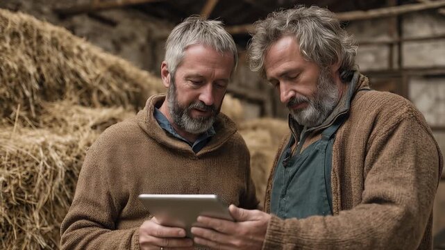 Mature male farmers engage in discussion about work while reviewing information on a tablet inside a barn during the day