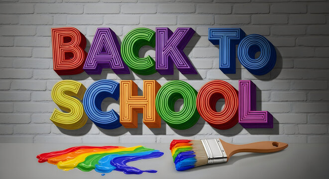 Back to school text with colorful paint splash and brush on brick wall
