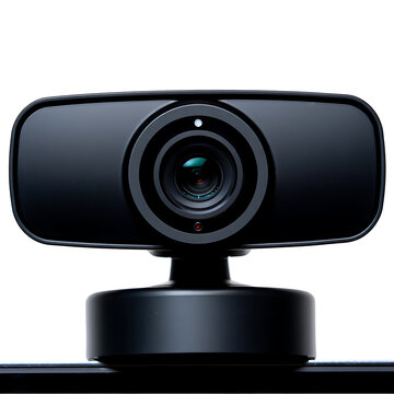 A black logitech style webcam with a sleek design and lens facing forward on a stand