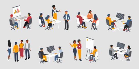 Fototapeta premium Isometric illustration depicting diverse people collaborating in a modern office setting