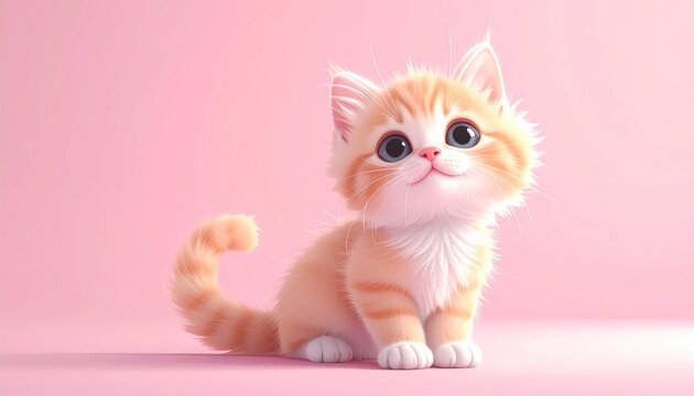 Adorable Orange Tabby Kitten with Big Eyes on Pink Background.