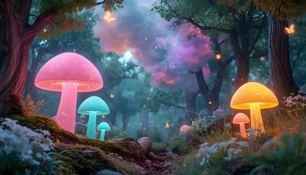 ​Magical dreamcore forest background with glowing mushrooms and fairy dust for kids