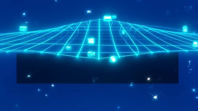 Neon grid globe holographic dome with floating app icons and sparkle glow, neon blue network grid globe glowing with data nodes and icons, futuristic digital network landscape evoking connectivity