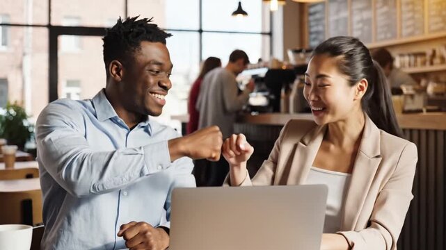 Young diverse colleagues excited by laptop in coffee shop