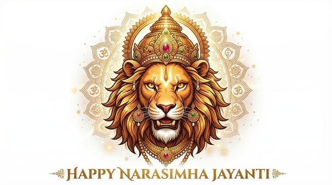 Lion God Narasimha adorned with ornate crown and jewelry against a radiant mandala background celebrating a divine Hindu festival