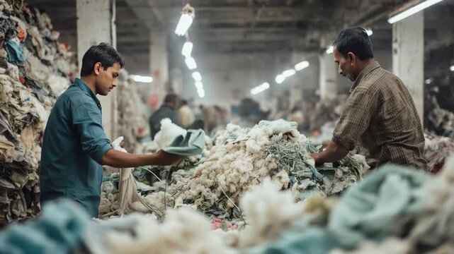 Workers sort textile waste in a recycling facility to promote sustainable practices and reduce environmental impact
