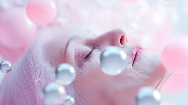 A senior woman applies skincare products while surrounded by floating bubbles and colorful spheres. She takes time to care for her skin, enjoying the process