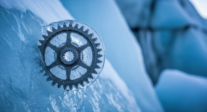 Frozen metal gear melting on blue ice surface with water droplets.
