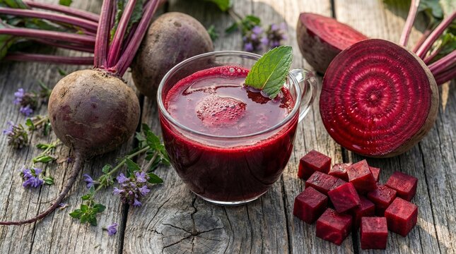 Fresh organic beetroot juice in a glass cup with whole and sliced beets on a rustic wooden table