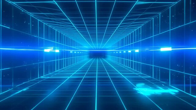 Neon blue tunnel glowing grid horizon light futuristic corridor perspective depth reflective floor motion high tech atmosphere dark teal grid distant light cinematic mystery isolation vanishing cyan