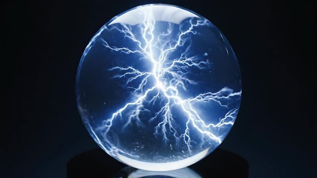 Glowing Plasma Ball With Electric Arcs In Dark Room Scientific Experiment Display