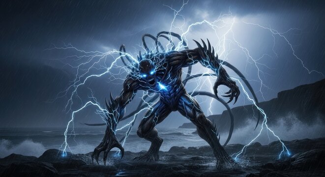A formidable electric monster stands empowered by lightning in a raging storm.