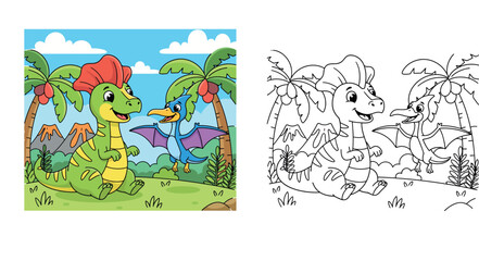 Cute Cartoon Dinosaur and Pterodactyl Friends in a Prehistoric Landscape with Palm Trees and Volcanoes © MstSangita