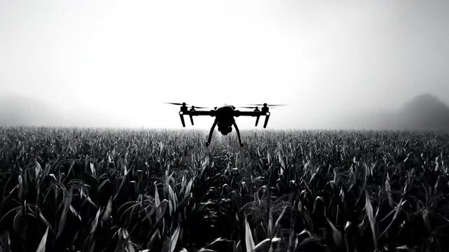 Drone flight over agricultural fields in black and white silhouette during the misty morning