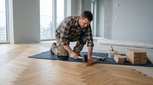 Artisan's hands meticulously craft a stunning herringbone floor, transforming a spacious room with natural wood at daytime
