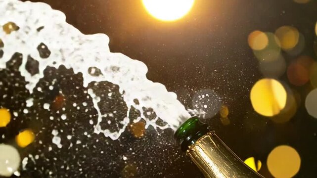 Champagne bottle popping with sparkling spray and festive bokeh lights