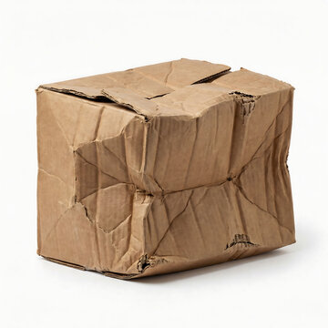 Rectangular cardboard box with severe crushing and corner damage