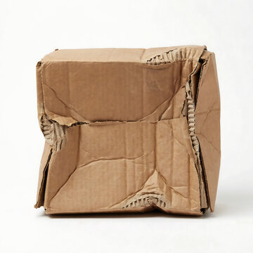 Square cardboard box with a large central horizontal crush