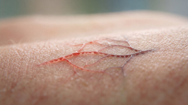 Vibrant crimson pathways of capillaries and veins weave intricate life beneath human skin
