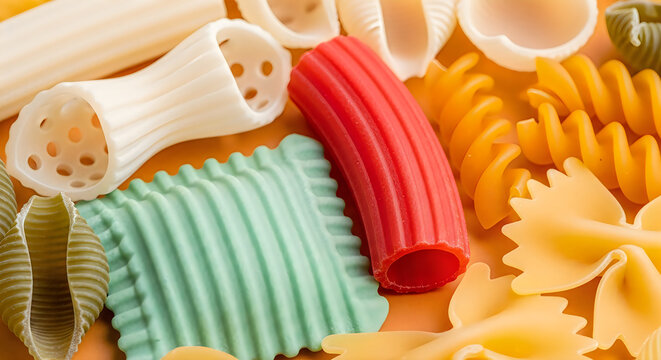 Colorful pasta shapes and types arranged on orange surface