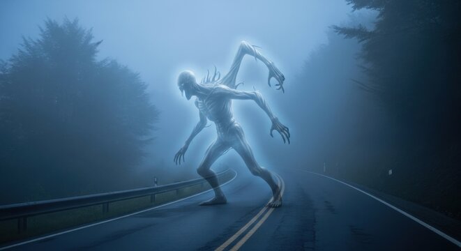 A terrifying ghostly creature emerges from the dense fog on a lonely forest road.