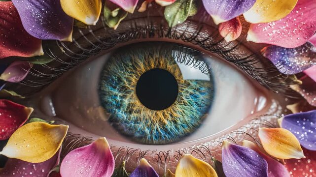 Human eye surrounded by colorful petals