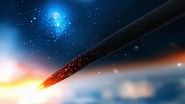 Cosmic Descent: An evocative celestial scene capturing the dramatic entrance of a meteor streaking across the night sky, against a backdrop of starlight and celestial wonders.