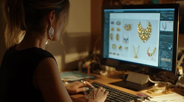 Dedicated jewelry designer meticulously crafts new collection pieces digitally on computer screen in a professional studio setting