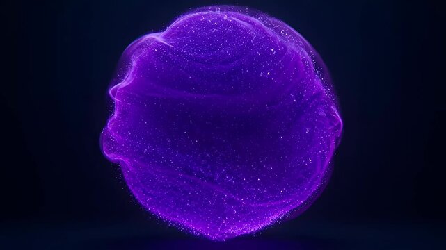 Glowing purple particle sphere with flowing energy waves and sparkling dust, glowing purple particle sphere floating dark space with ethereal swirl and soft light, glowing purple energy orb with