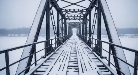Fototapeta premium Snow covered railway bridge disappearing into a foggy winter landscape.