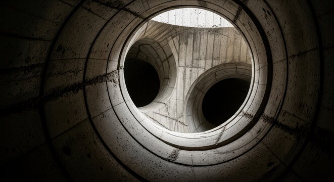 Abstract Concrete Tunnel Interior With Two Circular Openings Forming An Unsettling Face Pattern In Dark Lighting