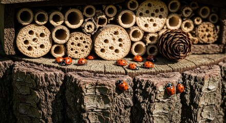 Fototapeta premium Ladybugs crawl on a wooden insect hotel in the sun.