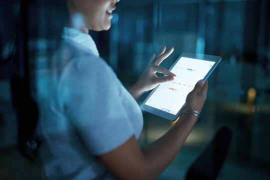 Night, hands and woman with tablet screen at agency for ui testing, check site speed or app usability. UX display, web developer and scroll on tech for performance, user experience and functionality