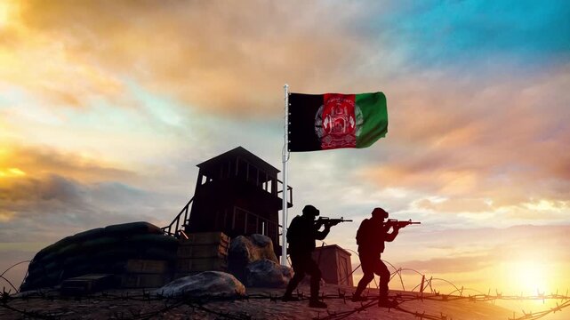 soldiers guard the outpost beneath the waving Afghanistan flag footage