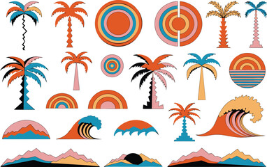 Obraz premium Retro boho summer beach collection with palm trees and sun and ocean waves and mountain landscapes Vector