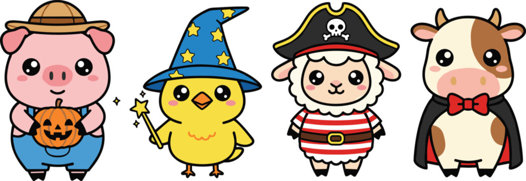 Set of cute kawaii farm animal characters in Halloween costumes including pig scarecrow, chick wizard, sheep pirate, and cow vampire vector