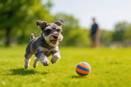 Dog chasing ball in park