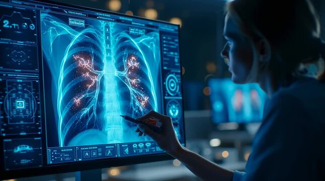 Modern hospital radiology room night, cinematic lighting focused radiologist examining large transparent display high resolution lung CT scans, artificial intelligence interface analyzing scan real