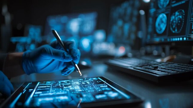 dark forensic investigation lab computer screens, cyber forensic analyst wearing gloves examining smartphone connected digital analysis station holographic interface projecting data streams encrypted