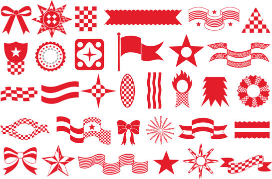 A collection of red graphic design elements including ribbons stars banners and decorative shapes Vector