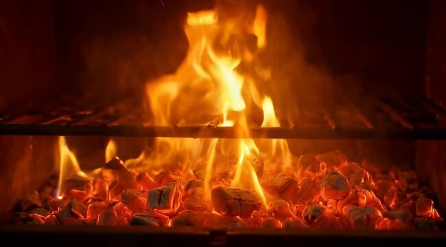 Vibrant Flames and Glowing Charcoal Embers Heating a Barbecue Grill, Perfect for Preparing a Delicious Outdoor Meal